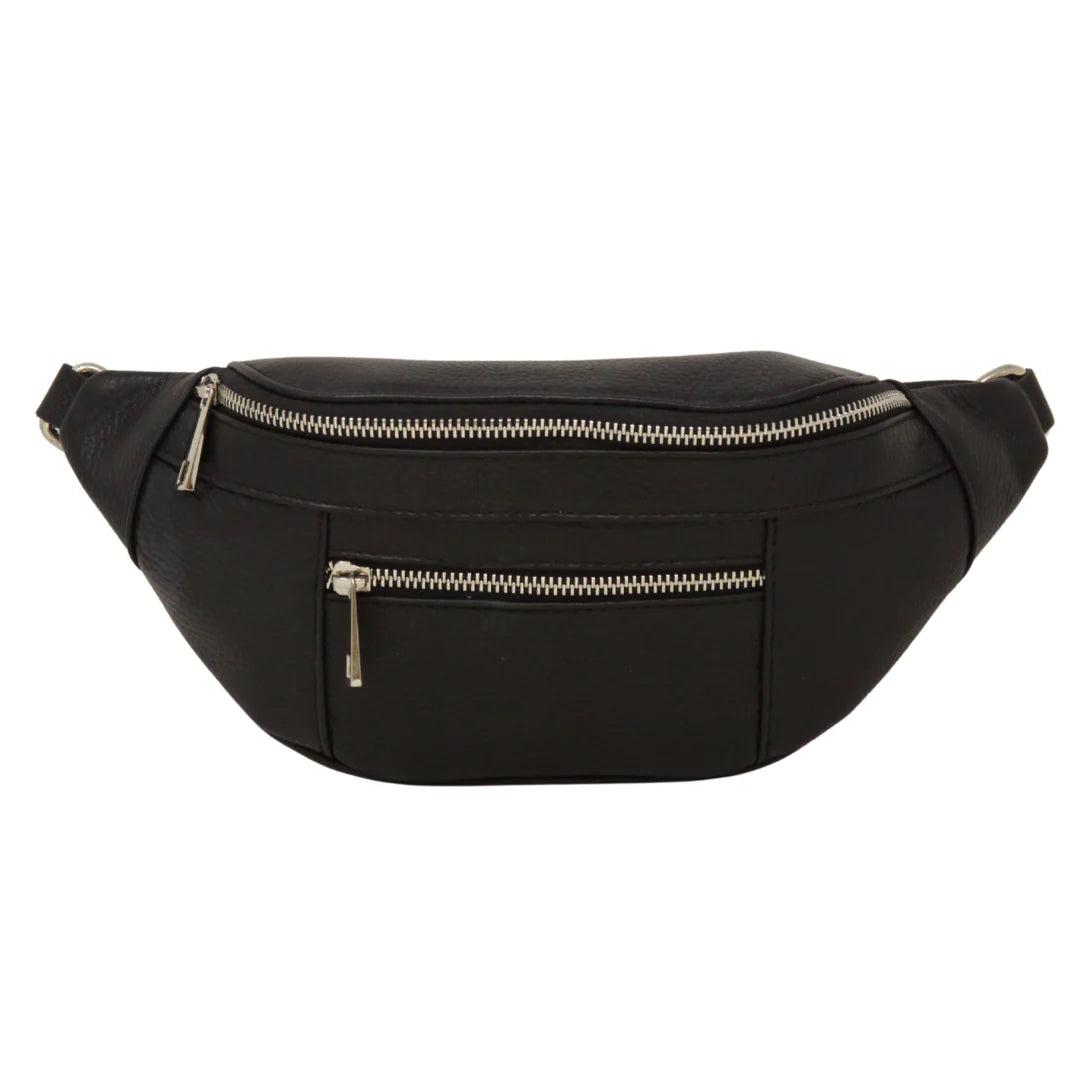 Italian Leather Fanny Pack Black with Silver