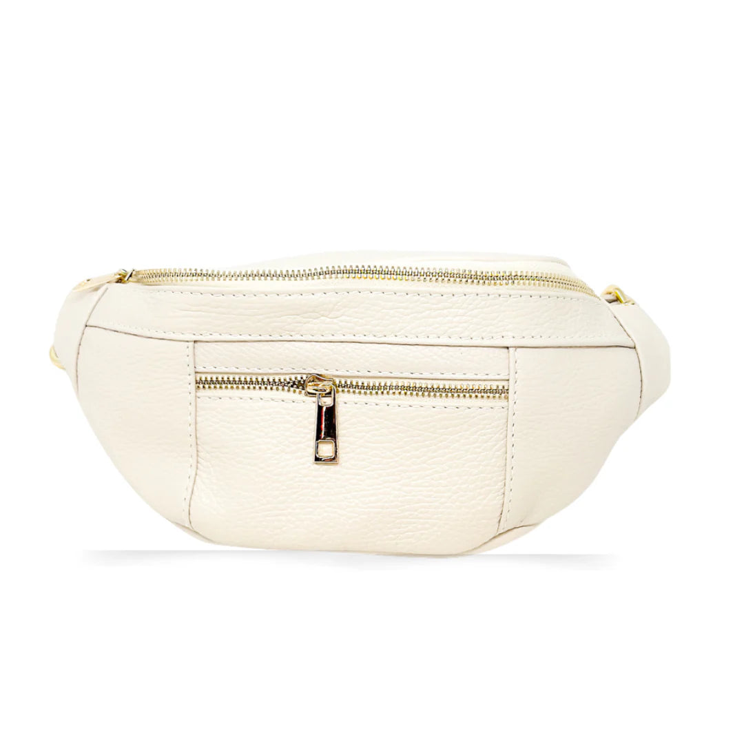 Italian Leather Fanny Pack Beige with Gold