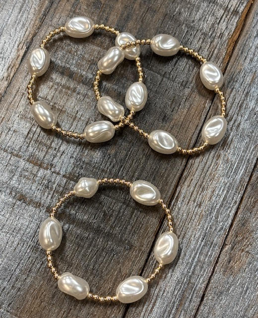 Stackable, stretchy 3mm gold filled and 8mm Mother of Pearl Bracelet