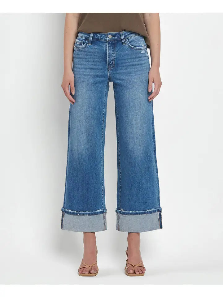 High Rise Medium Wash Cuffed Wide Jeans