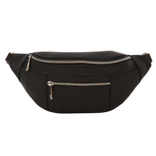 Italian Leather Fanny Pack Black with Silver