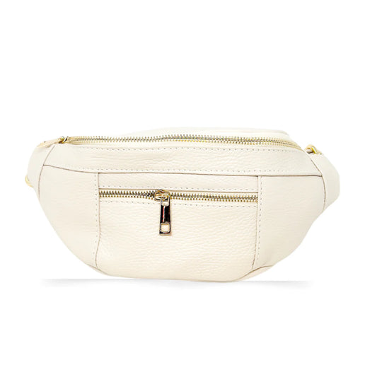 Italian Leather Fanny Pack Beige with Gold