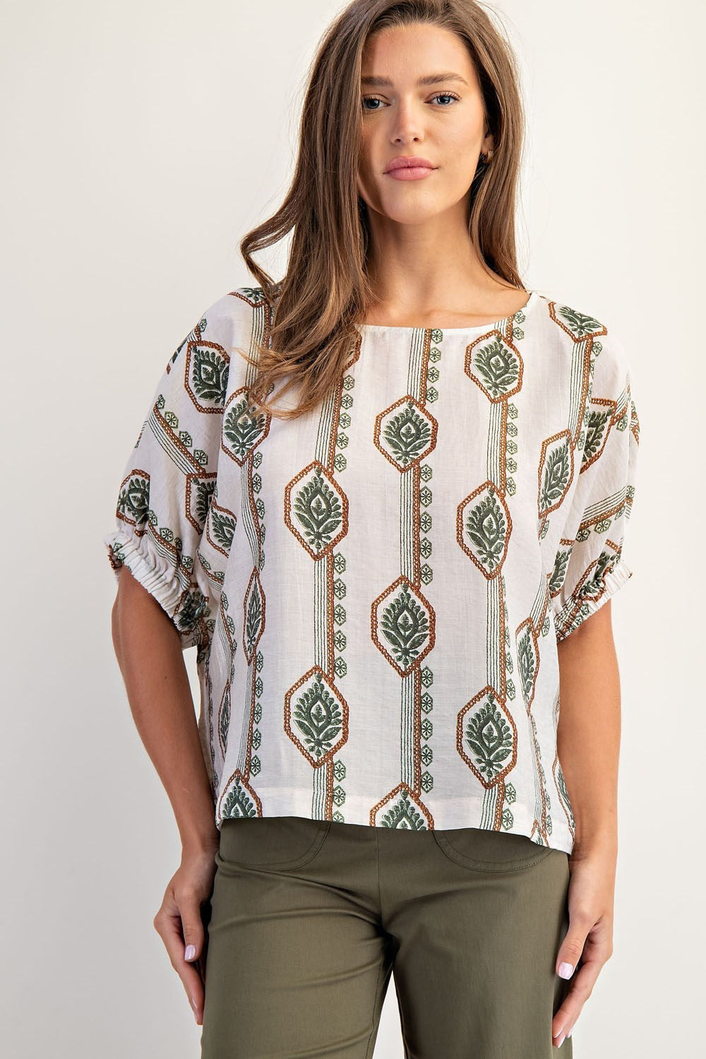 Geometric Floral Printed Elastic Cuff Blouse