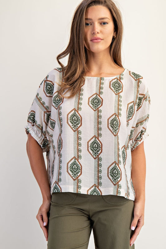 Geometric Floral Printed Elastic Cuff Blouse