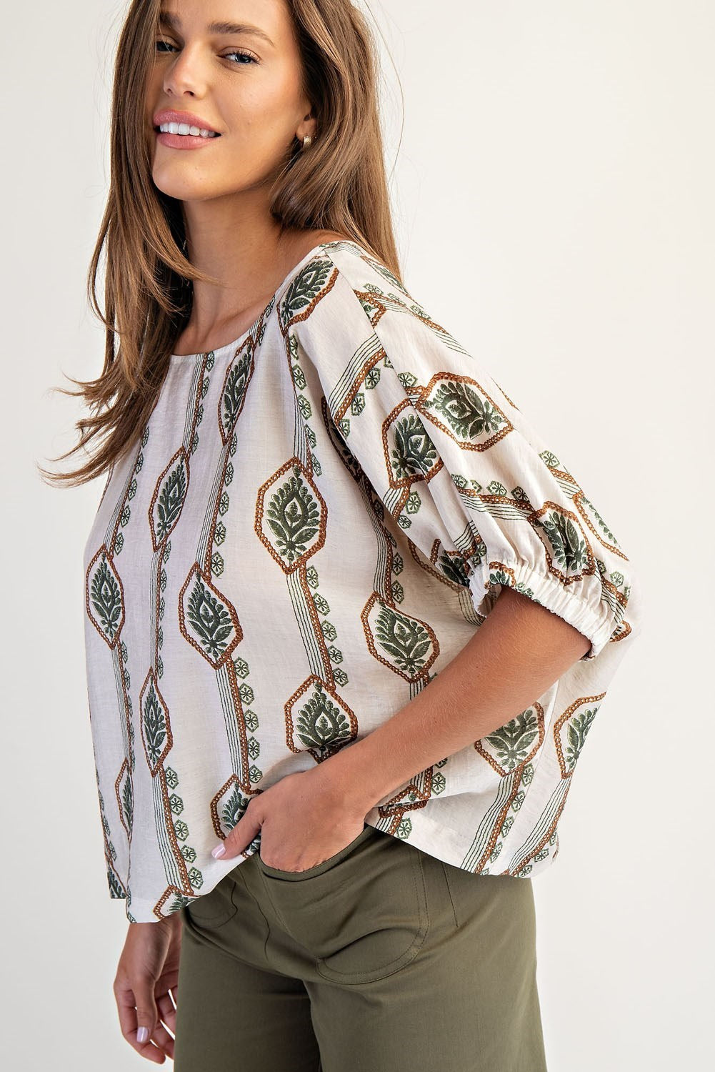 Geometric Floral Printed Elastic Cuff Blouse