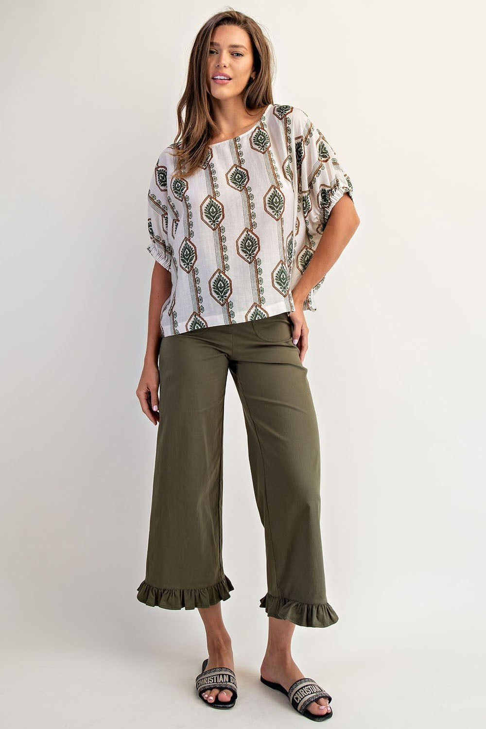 Geometric Floral Printed Elastic Cuff Blouse