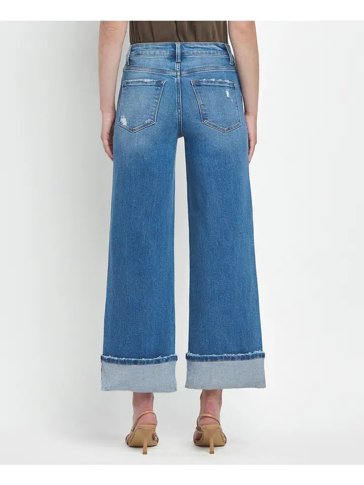 High Rise Medium Wash Cuffed Wide Jeans
