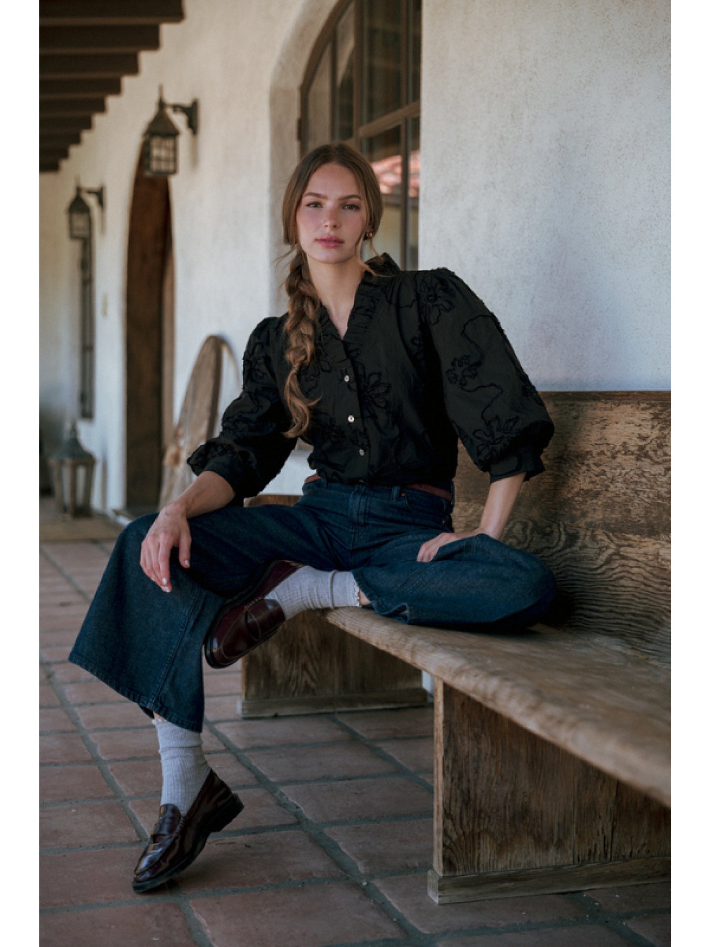 Black floral textured top