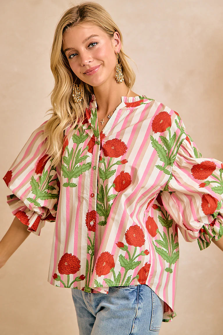 STRIPE FLOWER  BUBBLED SLEEVES BUTTON BLOUSE