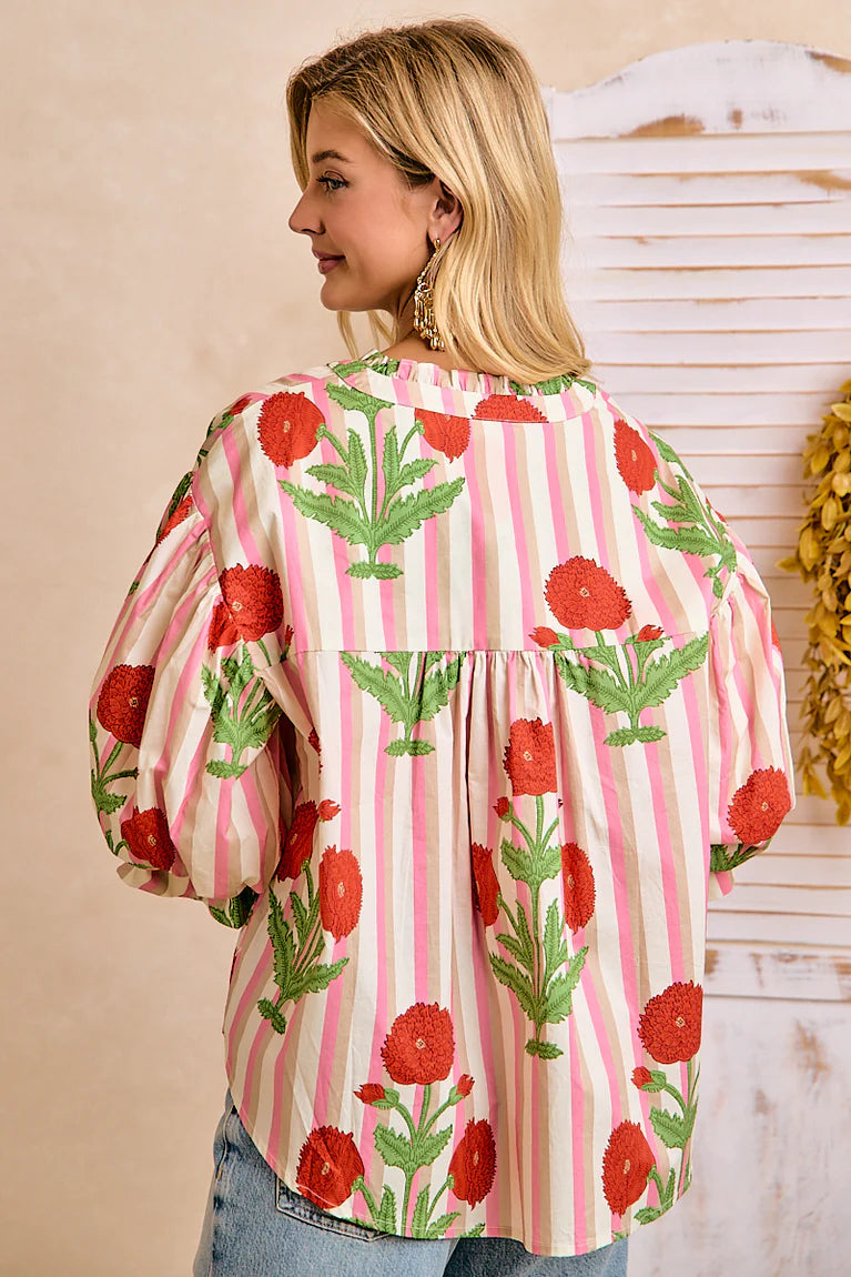 STRIPE FLOWER  BUBBLED SLEEVES BUTTON BLOUSE