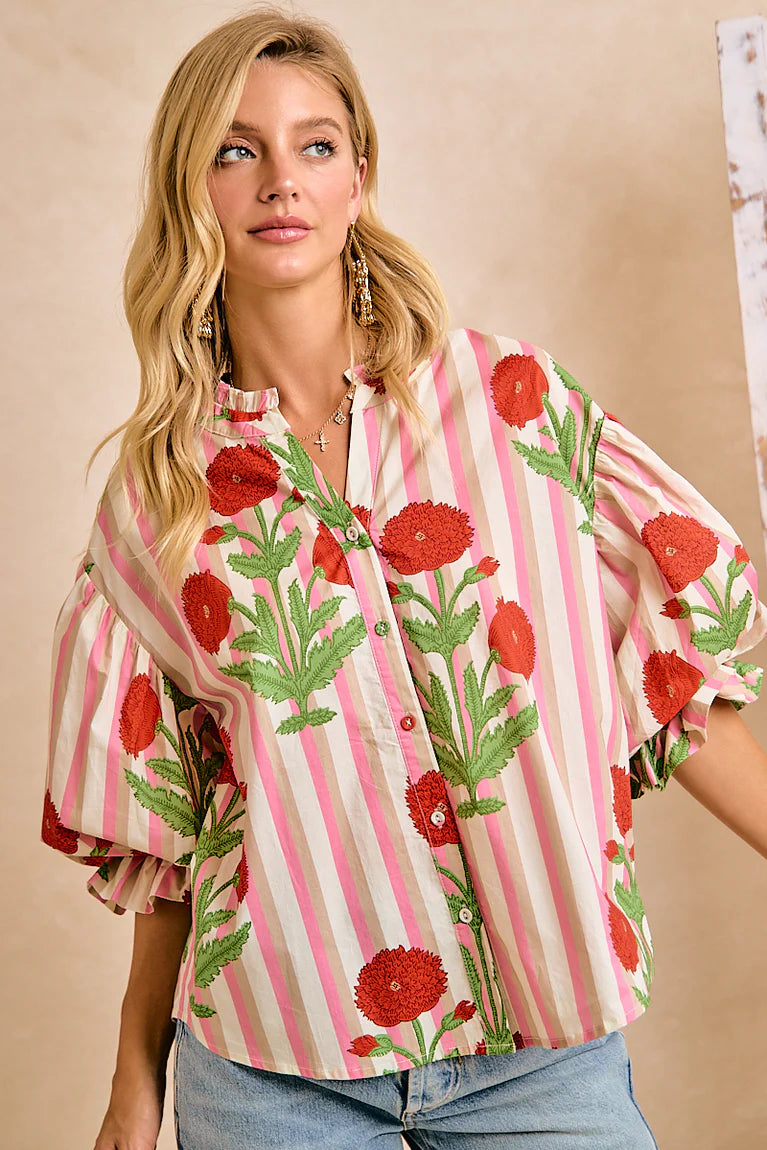 STRIPE FLOWER  BUBBLED SLEEVES BUTTON BLOUSE