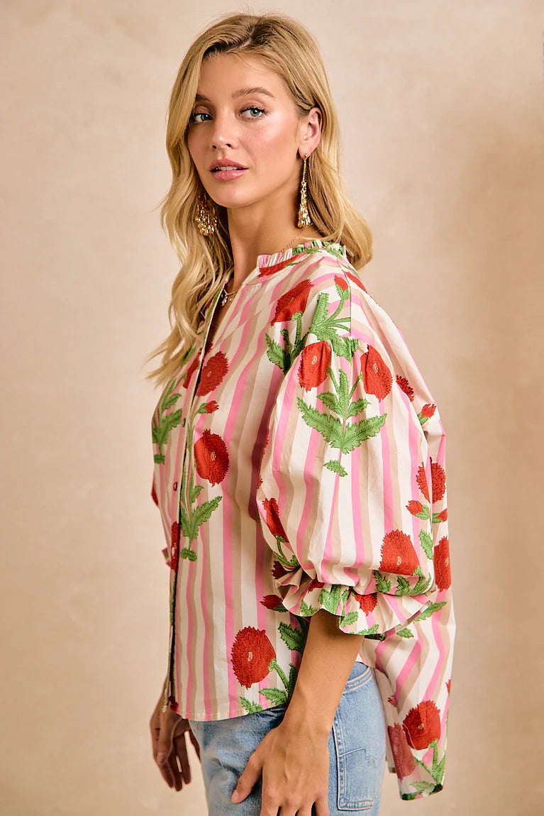 STRIPE FLOWER  BUBBLED SLEEVES BUTTON BLOUSE